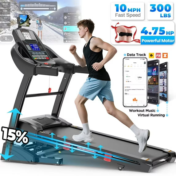 15% Auto Incline Treadmill 4.75HP, 300LB Treadmill for Home, Foldable Running Walking Machine w/ APP Control, 71 Programs for Varied intensity workouts, 10MPH Fast Speed, Dual HiFi Bluetooth Speakers