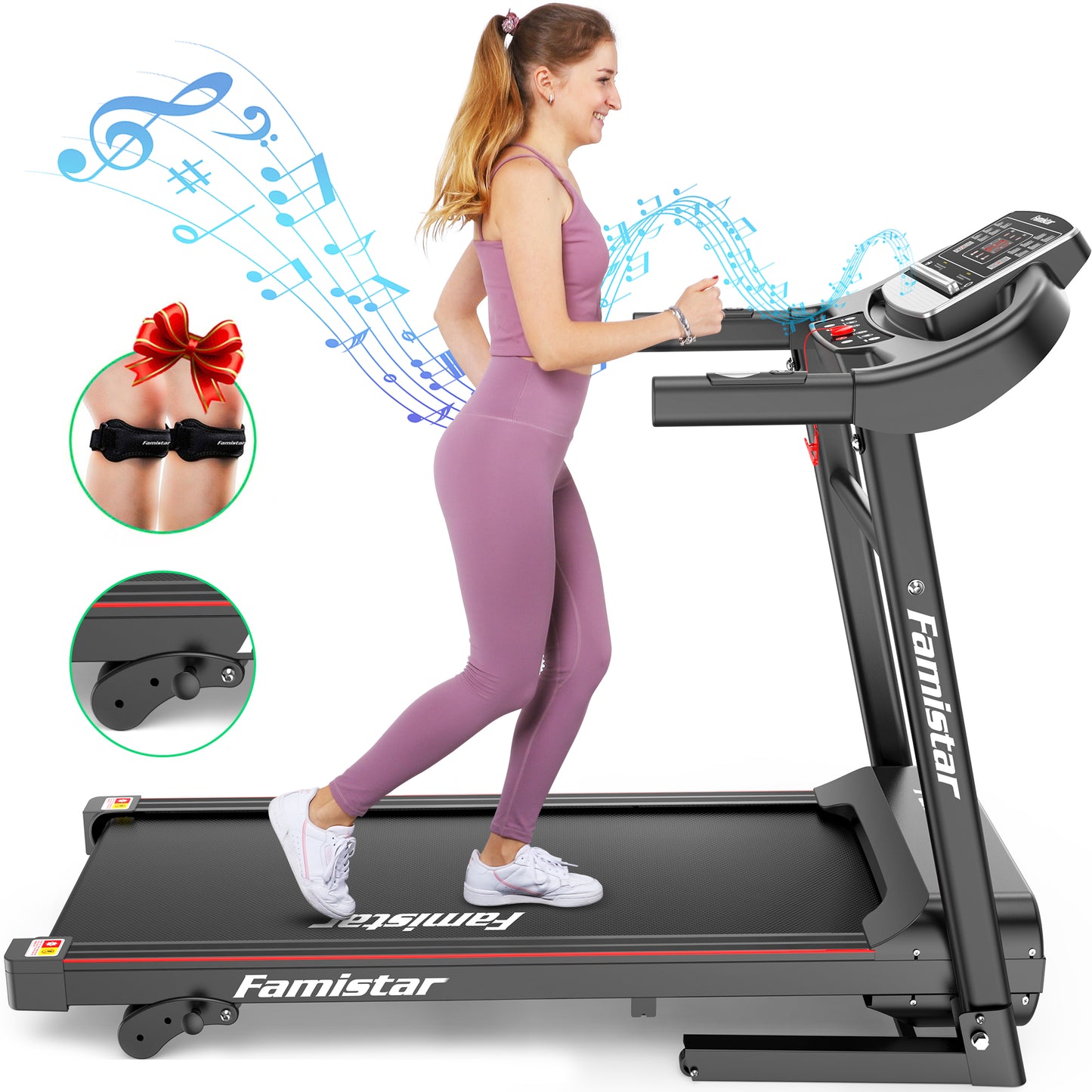 Famistar Electric Folding Treadmill for Home with Adjustable Incline, 7.5MPH Speed, 265lbs, MP3 Speakers, 12 Programs 3 Modes, 2.5HP Foldable Compact Treadmill Walking Running Machine