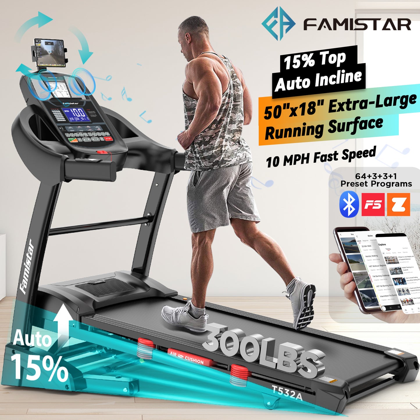 5.0HP Folding Treadmill with 15% Auto Incline, 300lb Capacity, Foldable Treadmill for Home, 10MPH Walking Running Treadmill, Portable Exercise Equipment with APP, Bluetooth, Shock Absorption Deck