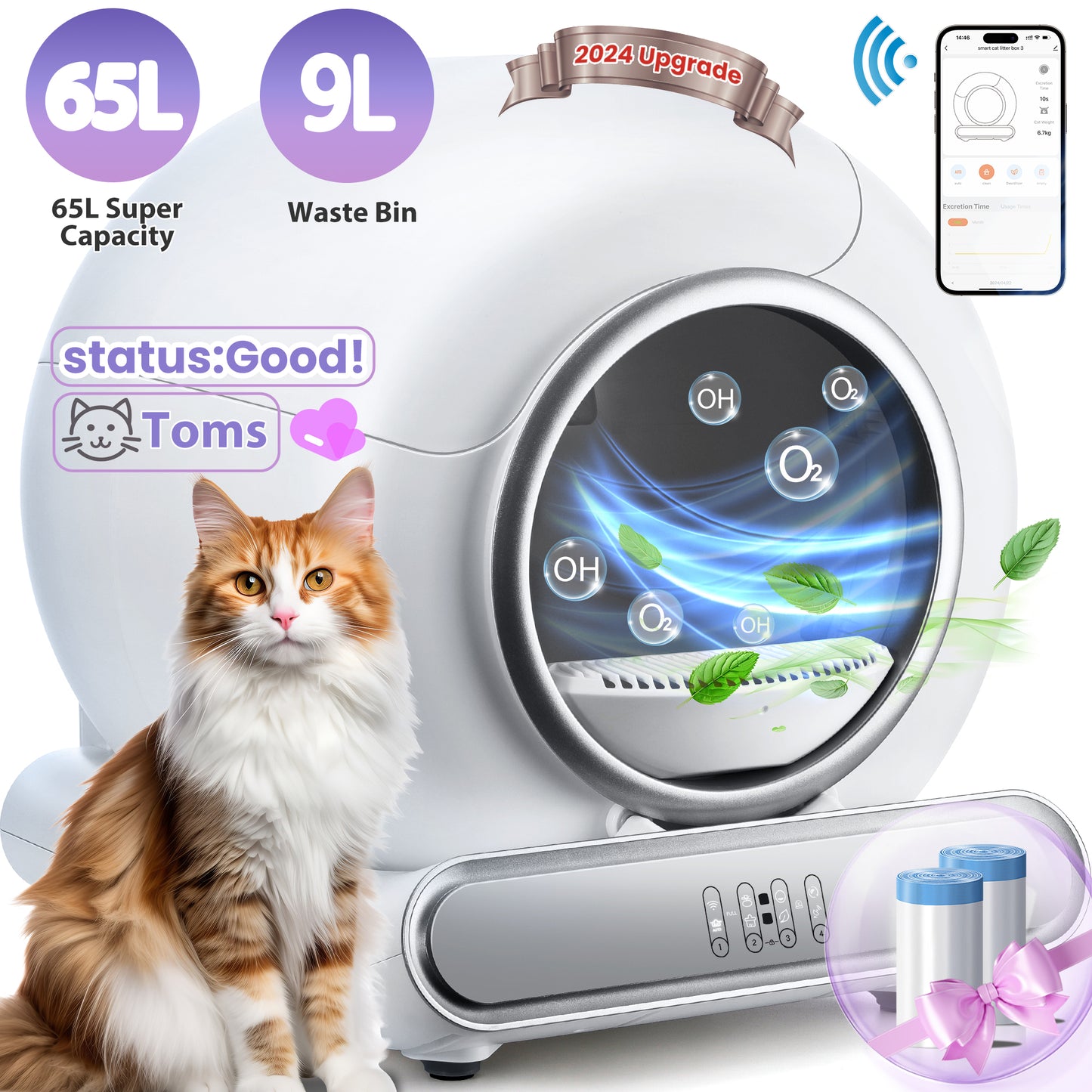 Self Cleaning Cat Litter Box, Automatic Litter Box Robot with APP Control, Odor Removal, Safety Protection, 65L+9L Large Capacity, Litter Box with 2 Liners & Baffle Plate, and Intuitive Operation