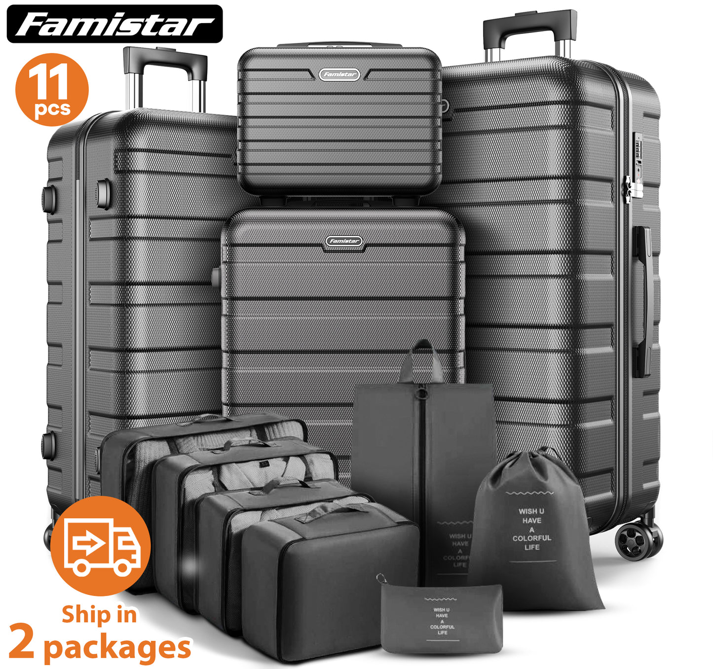 Famistar Hardside Luggage Suitcase 11 Piece Set with 360° Double Spinner Wheels Integrated TSA Lock, 14” Travel Case, 20" Carry-On Luggage, 24" Checked Luggage and 28" Checked Luggage, Black