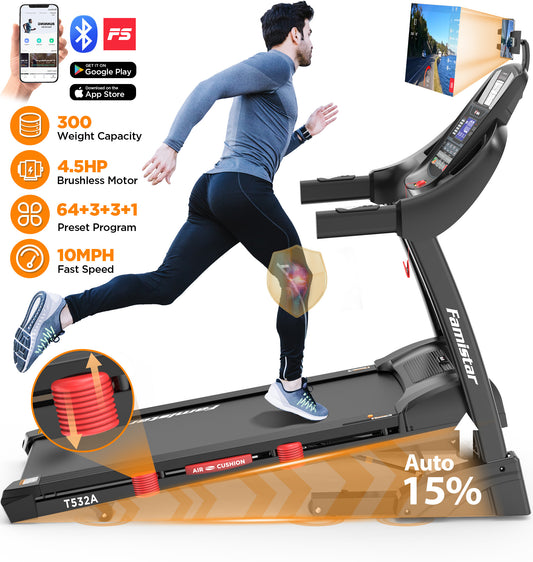 15% Auto Incline Folding Treadmill for Home with 300lb Capacity, Max.10mph Speed, APP/Console 2-Way Control, 71 Preset Programs, Pulse System, Stereo Bluetooth Speakers, Flexible iPad Holder