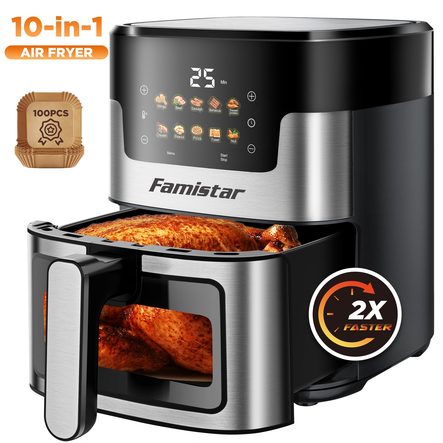 Air Fryer, 7.5QT Air Fryer Oven Oilless Cooker, 10-in-1 Hot Air Fryers with Digital LED Touch Screen, 10 Preset Cookings, Dishwasher-Safe Basket, Including Air Fryer Paper Liners 100PCS