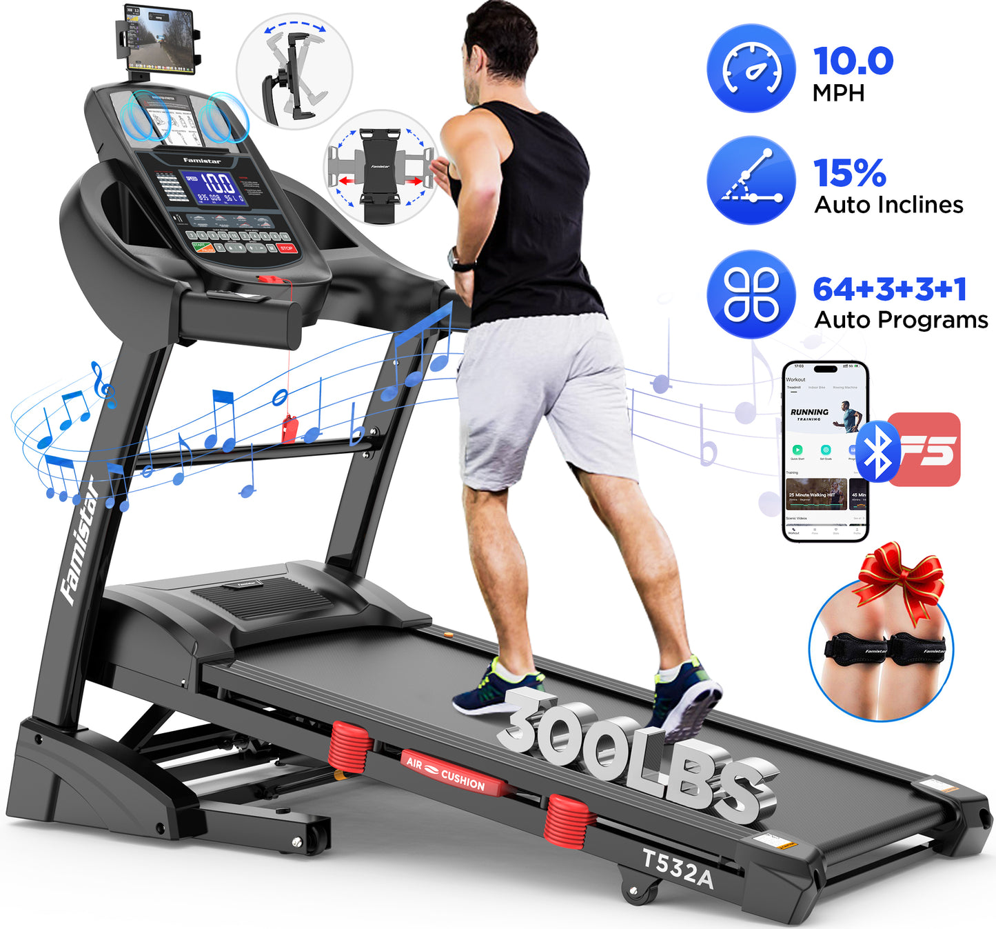 Famistar 4.5HP Folding Treadmill for Home with 15 Auto Incline, Smart APP, 300lbs, HiFi Bluetooth Speakers, 64 Programs, 10MPH Speed, Foldable EleTreadmill Running Machine, Knee Strap Gift