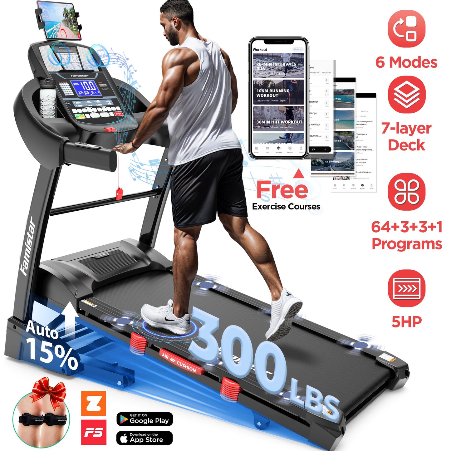 4.5HP Foldable Treadmill w/ 15% Auto Incline, Portable Treadmill for Home, 300LB Capacity, Smart APP Control, 64+1+1+1 Programs, 10MPH Speed, Adjustable IPad Holder, Gym Equipment for Walking Jogging