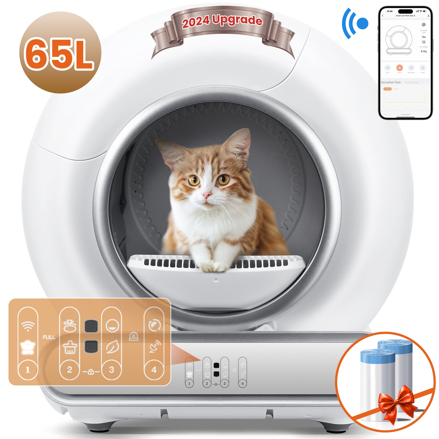 Famistar Self Cleaning Cat Litter Box, Automatic Cat Litter Box with APP Control, 65+9L Large Capacity, All-round Safety Protection, Fully Auto Cleaning, Support 2.4G WiFi Only, 2 Rolls Liner Gift