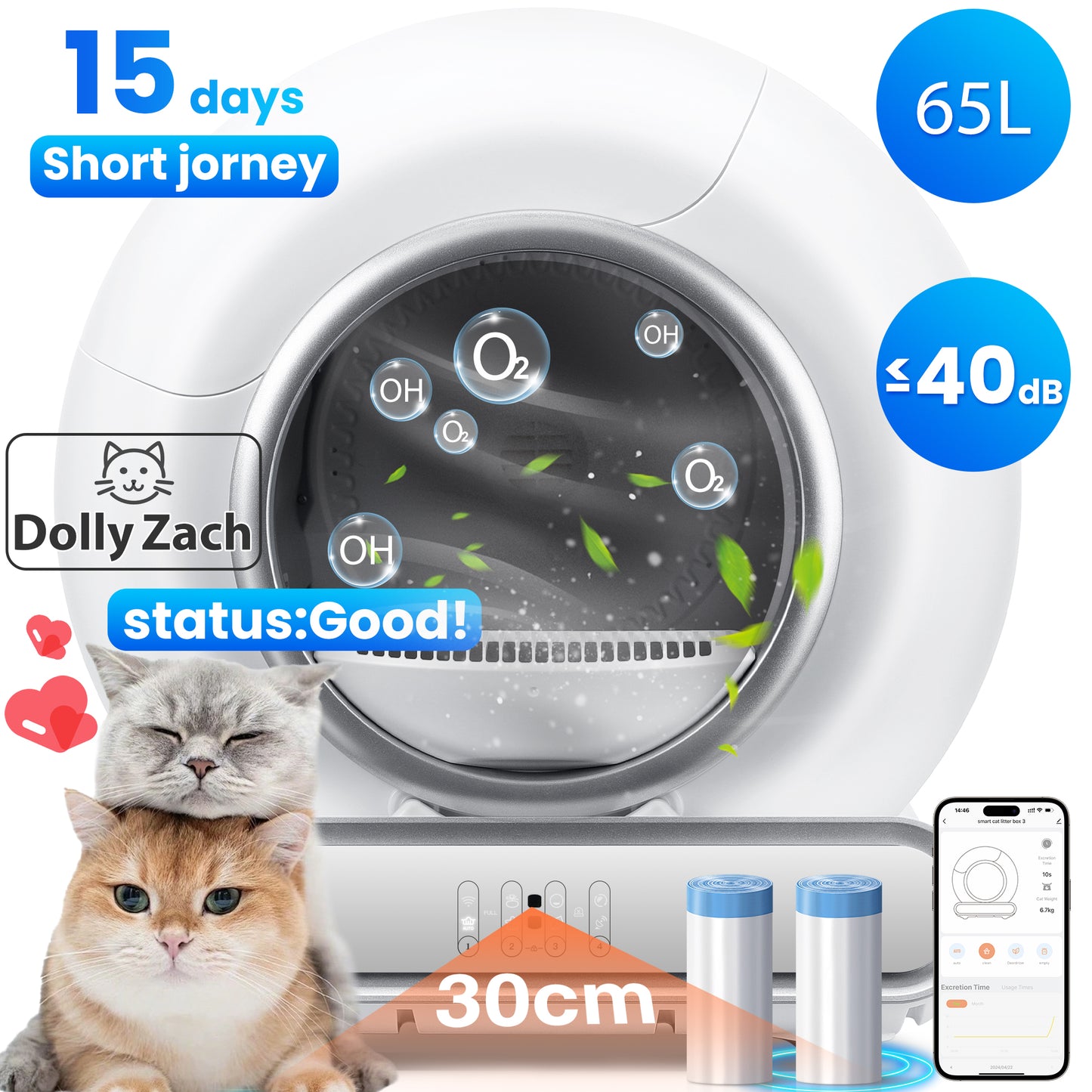 Self Cleaning Litter Box - Automatic Cat Litter Box Robot 65L+9L Large Capacity for Multi-cat, Support 2.4G WiFi App Control, Odor Removal, 2 Roll Garbage Bags