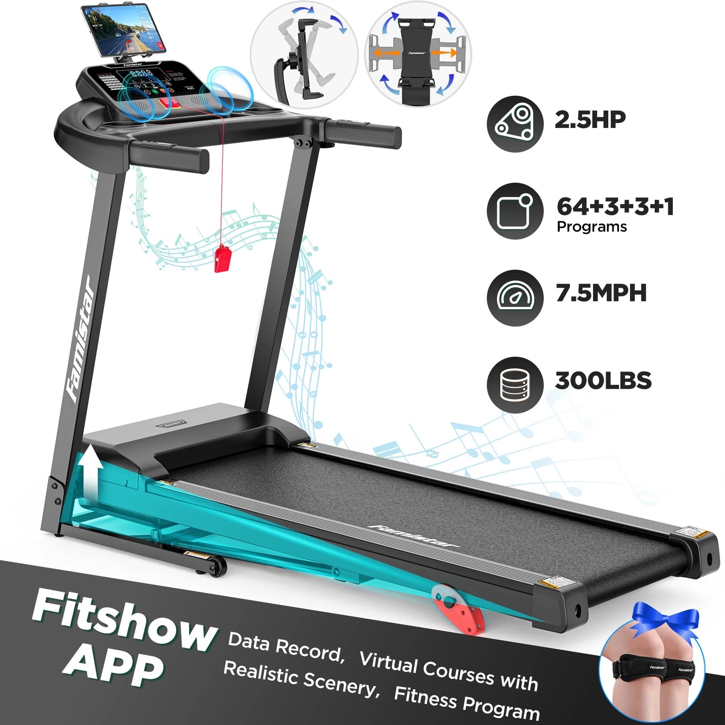 2.5HP Foldable Treadmill with 300lbs Capacity, 16" Wide Running Belt for Home Use, Walking Running Machine with 64+3+3+1 Programs, App Control, USB Charging, Shock Absorption System