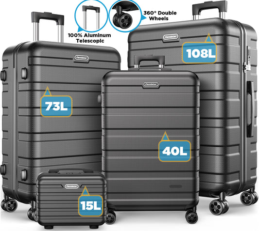 4 Pieces Hardside Luggage Set, Carry-on, Lightweight Suitcase Set of 360°Double Spinner Wheels, Integrated TSA Lock, 14” Travel Case, 20" Carry-On Luggage, 24" Checked Luggage and 28" Checked Luggage