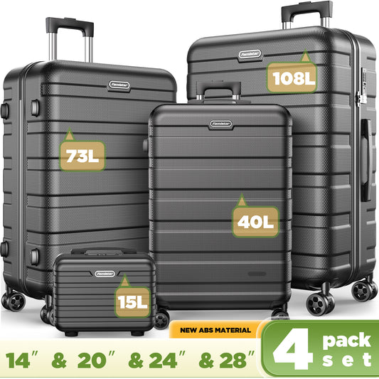 4 Pack Luggage Set Hardshell Lightweight Suitcase with Integrated TSA Lock and Spinner Wheels, 14" Travel Case, 20" Carry-On Luggage, 24" Checked Luggage, 28" Checked Luggage, Black