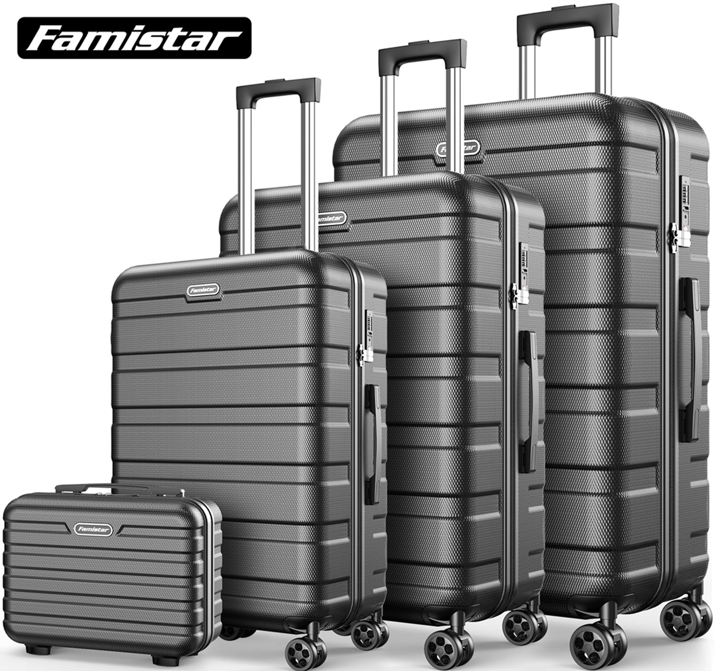 Famistar Carry On Luggage Suitcase Set 4 Piece - ABS Hardshell Luggage with Embedded TSA Lock, 360 ° Double Spinner Wheels - 14” Travel Case, 20” Carry On Luggage, 24” and 28” Checked Luggages, Black