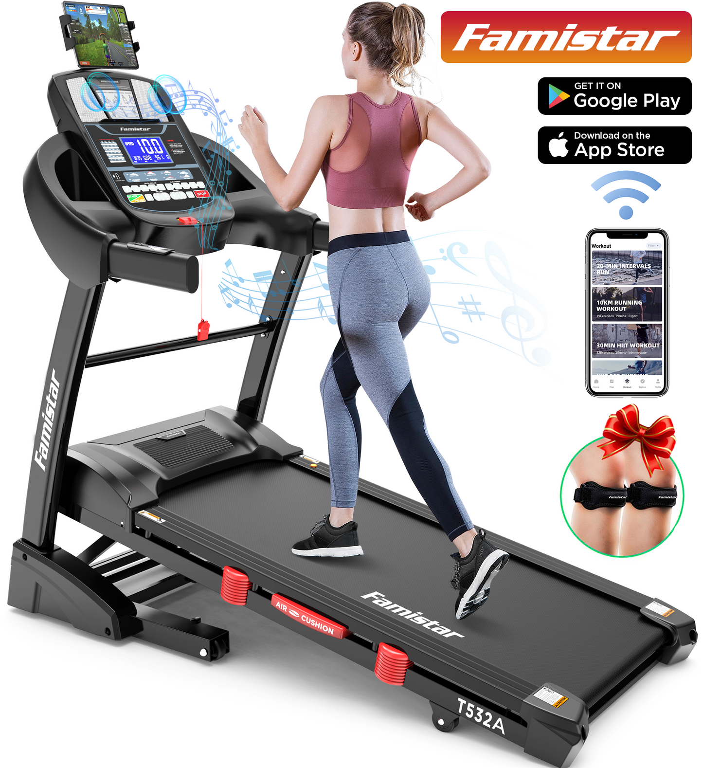 Famistar 4.5HP Portable Folding Treadmill 300 LB Capacity for Home w/ 15-Level Auto Incine, Smart APP Control, HiFi Stereo Bluetooth Speakers, 64 Programs, Up to 10MPH Speed, Knee Strap Gift