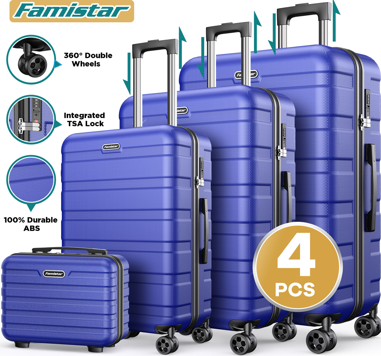 Famistar Carry-on Luggage Suitcase Set 4 Piece - ABS Hardshell Luggage with Embedded TSA Lock, 360 ° Double Spinner Wheels - 14” Travel Case, 20” Carry On Luggage, 24” and 28” Checked Luggages, Blue