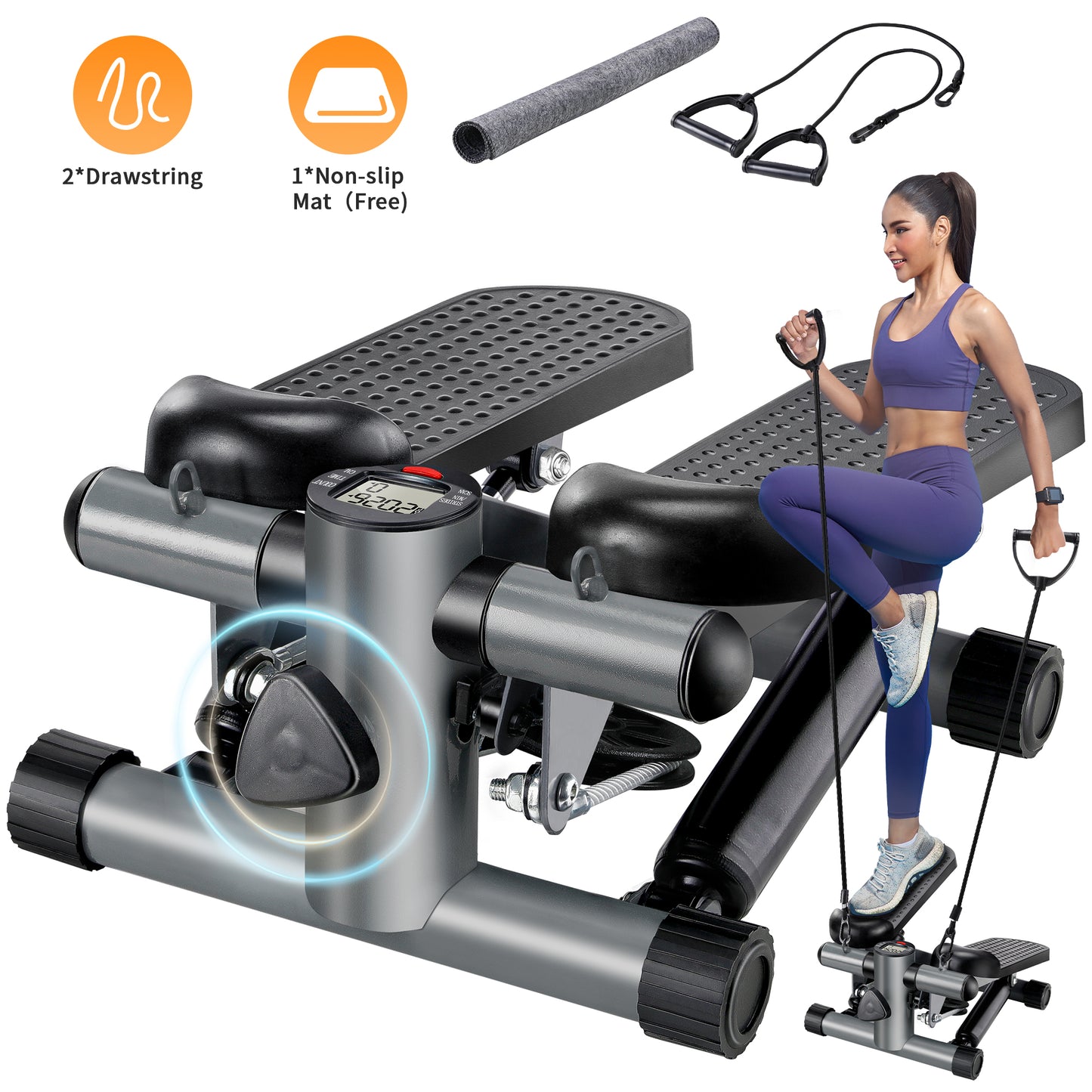 Steppers for Exercise at Home,Mini Stair Stepper with Resistance Bands, Portable Adjustable Exercise Equipment for Full Body Workout, 300 lb Weight Capacity, LCD Display, Free Non-Slip Mat Gift