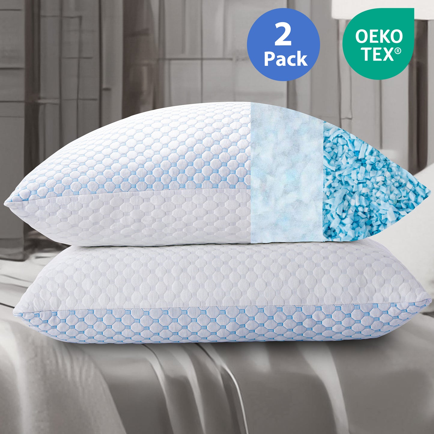 Memory Foam Pillow for Side and Back Sleepers, Queen Size Pillow with 2 Pcs, OEKO-TEX Certified, Pillow Infused with Cooling Gel, Adjustable, 30"*20"