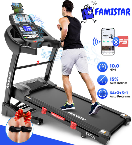 Famistar Portable Folding Treadmill for Home Office with 15°Auto Incline, 300lbs Capacity, 10MPH Fast Speed, 64+3+3+1 Programs, APP Enabled, Bluetooth Speakers, Smart Running Walking Machine, 5.0HP