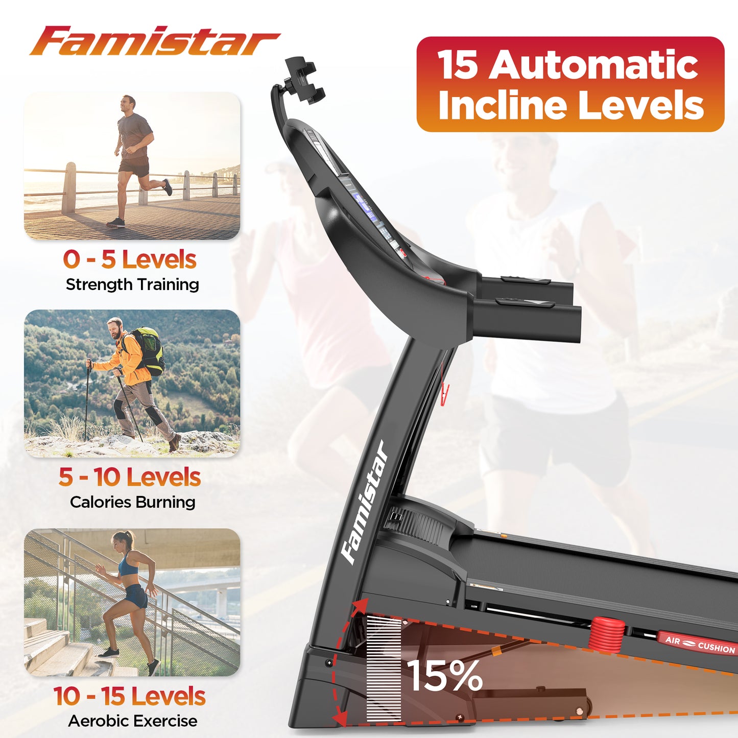 Famistar 4.5HP Folding Treadmill for Home with 15 Auto Incline, Smart APP, 300lbs, HiFi Bluetooth Speakers, 64 Programs, 10MPH Speed, Foldable EleTreadmill Running Machine, Knee Strap Gift