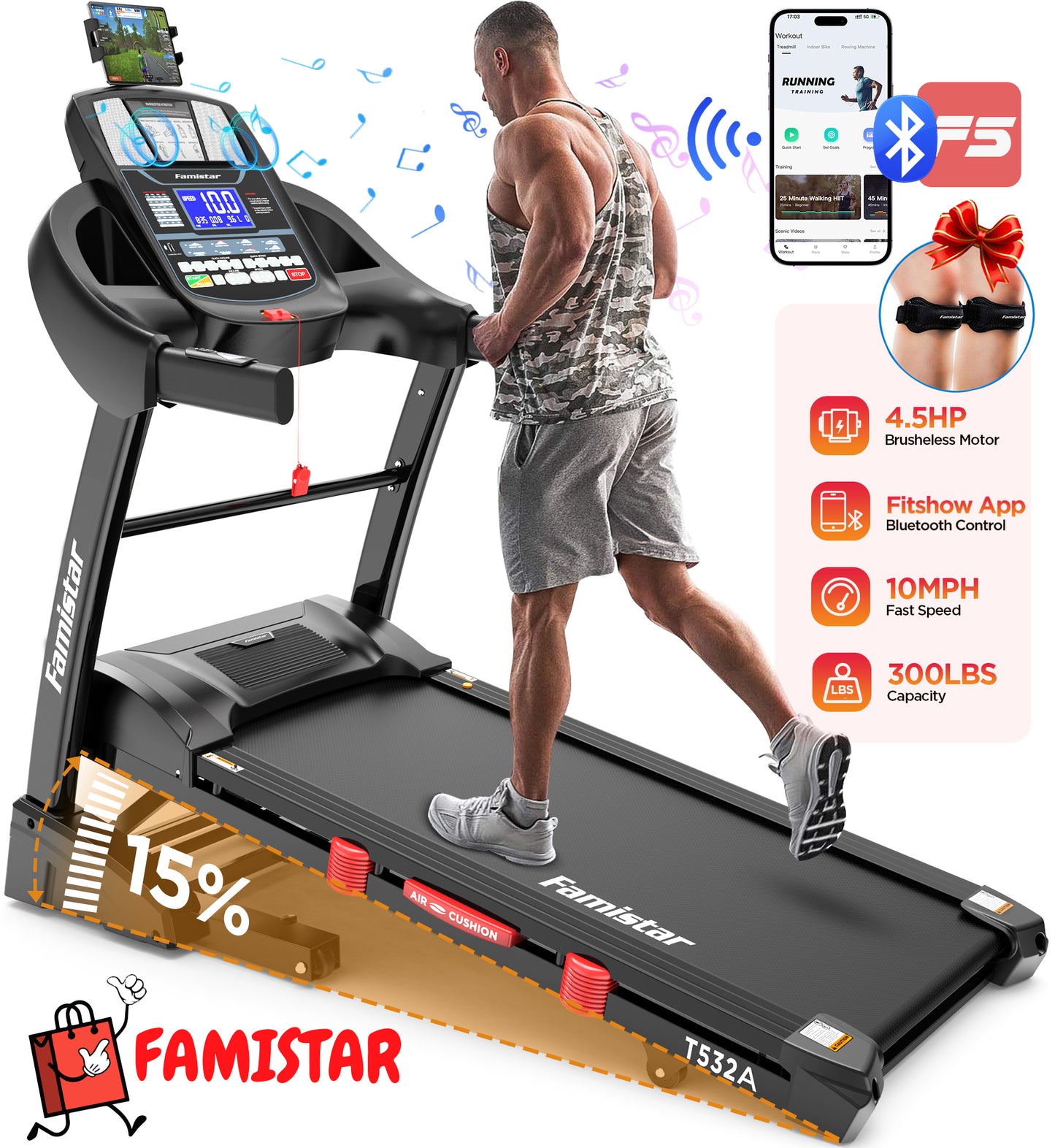 Famistar 10MPH Folding Treadmill w/ 15% Auto Incline, 300lb Capacity, Treadmill for Home Portable Foldable Exercise Equipment Running Walking Machine, APP Control, 64 Programs, HiFi Bluetooth Speakers