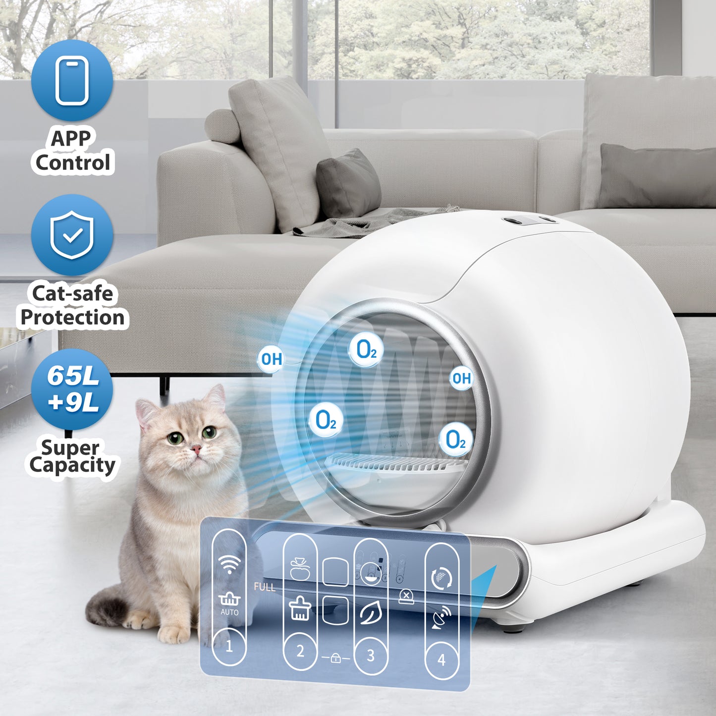 Automatic Cat Litter Box Self-Cleaning with APP Control Support 2.4G WiFi, Cat Litter Butler, 65L+9L Super Capacity, Odor-Free Waste Disposal Includes 2 Rolls Free Trash Bags