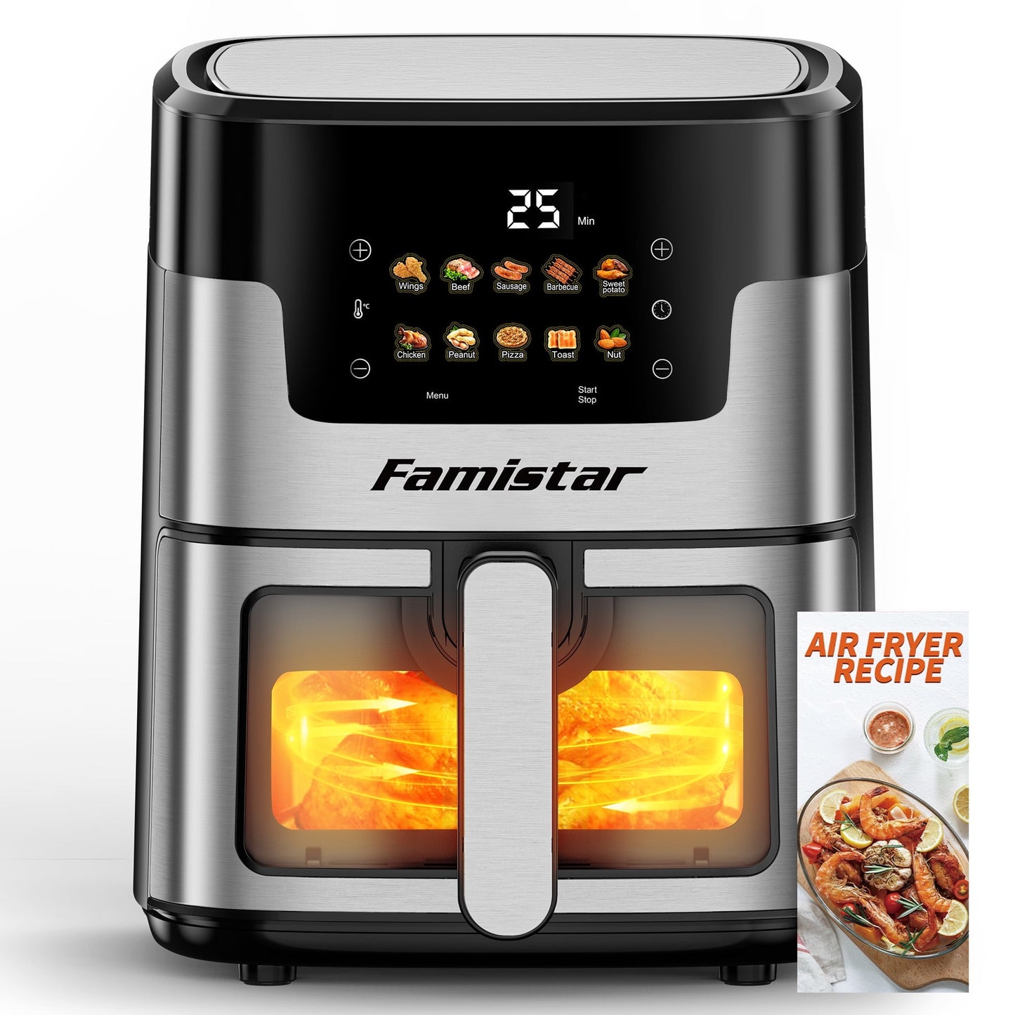 Air Fryer with 7.5QT Capacity Basket, Pro 10-in-1 Air Fryer Oven, 95% Less Oil, Digital Touchscreen, Visible Cooking Window, Roast, Broil& More for Quick, Easy Meals, Stainless Steel