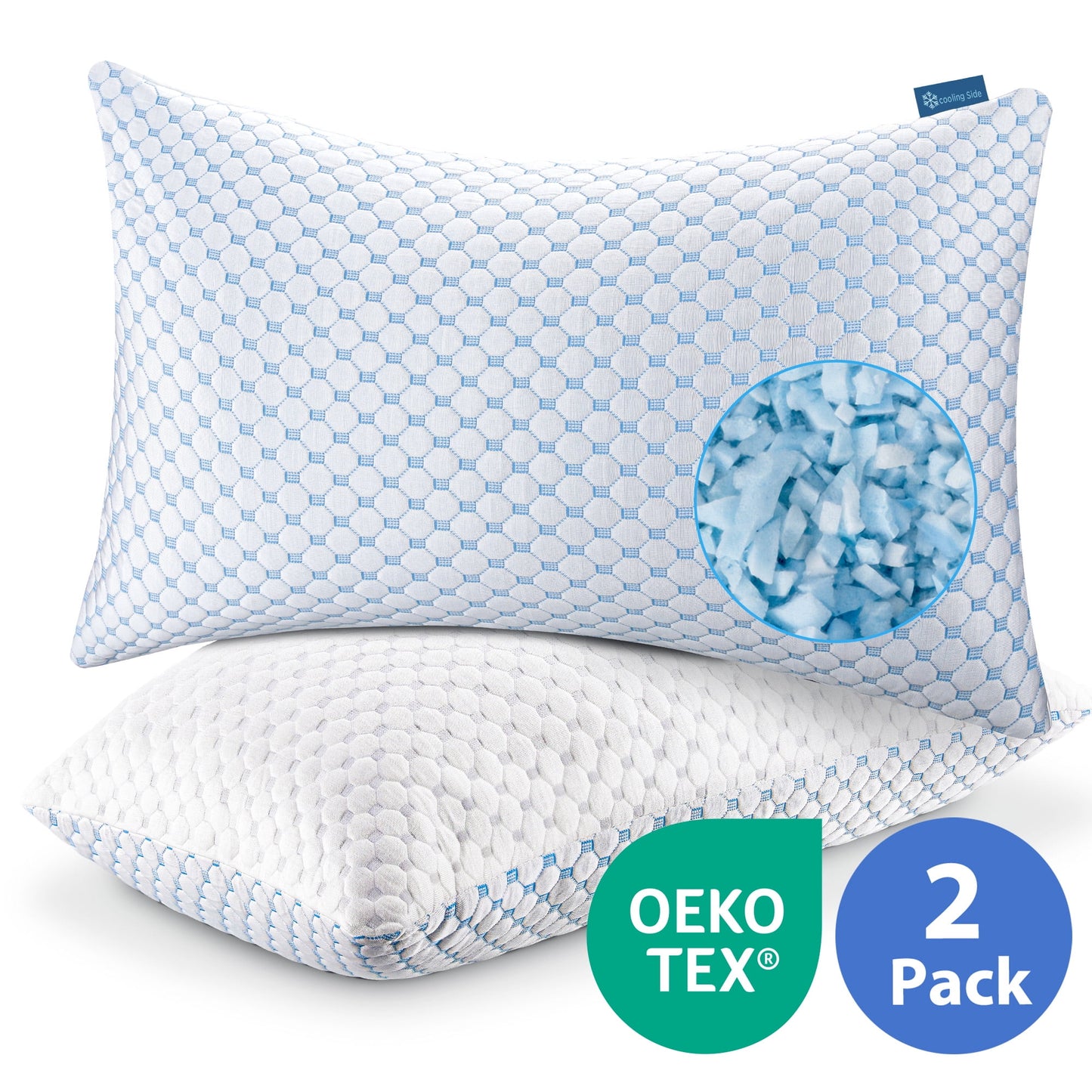 Queen Pillows for Bed 2 Pack, Cooling Pillows for Side, Back&Stomach Sleeper, Adjustable Loft, OEKO-TEX Certified, Shredded Memory Foam, Breathable Pillows with Removable Cover, Alleviate Pain