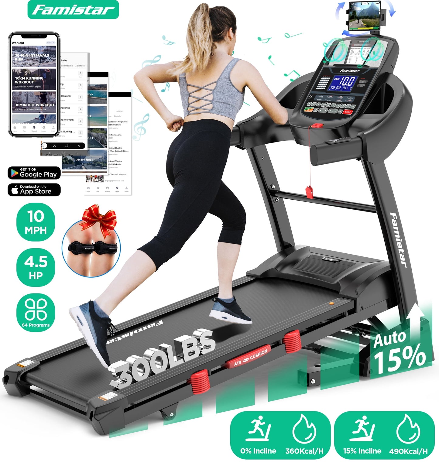 Famistar 4.5HP Folding Treadmill Clearance for Home with 15% Auto Incline 300 LBS Capacity Up to 10MPH Speed Running Machine