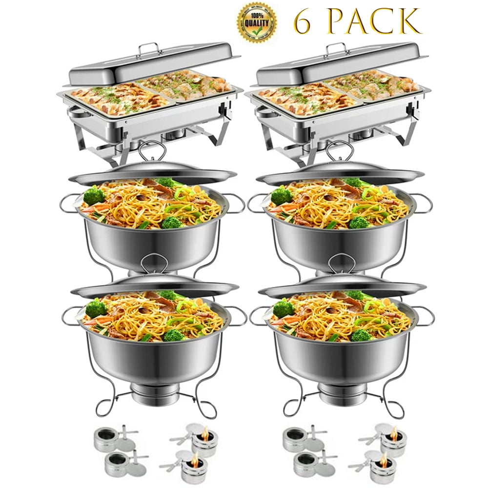 Famistar 6 Pack Chafing Dish Buffet Set - Stainless Steel 4 Round Chafing Dish + 2 Rectangular Chafers with Water Pan | Food Pan | Fuel Holder & Lid - Food Warmers for Parties Buffets