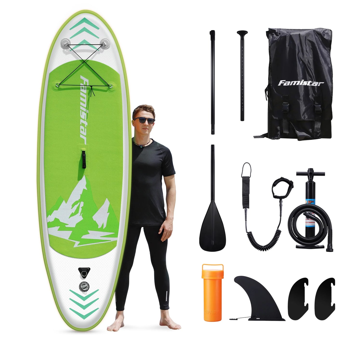 Famistar Inflatable Stand Up Paddle Board SUP w/ 3 Fins, Adjustable Paddle, Pump & Carrying Backpack