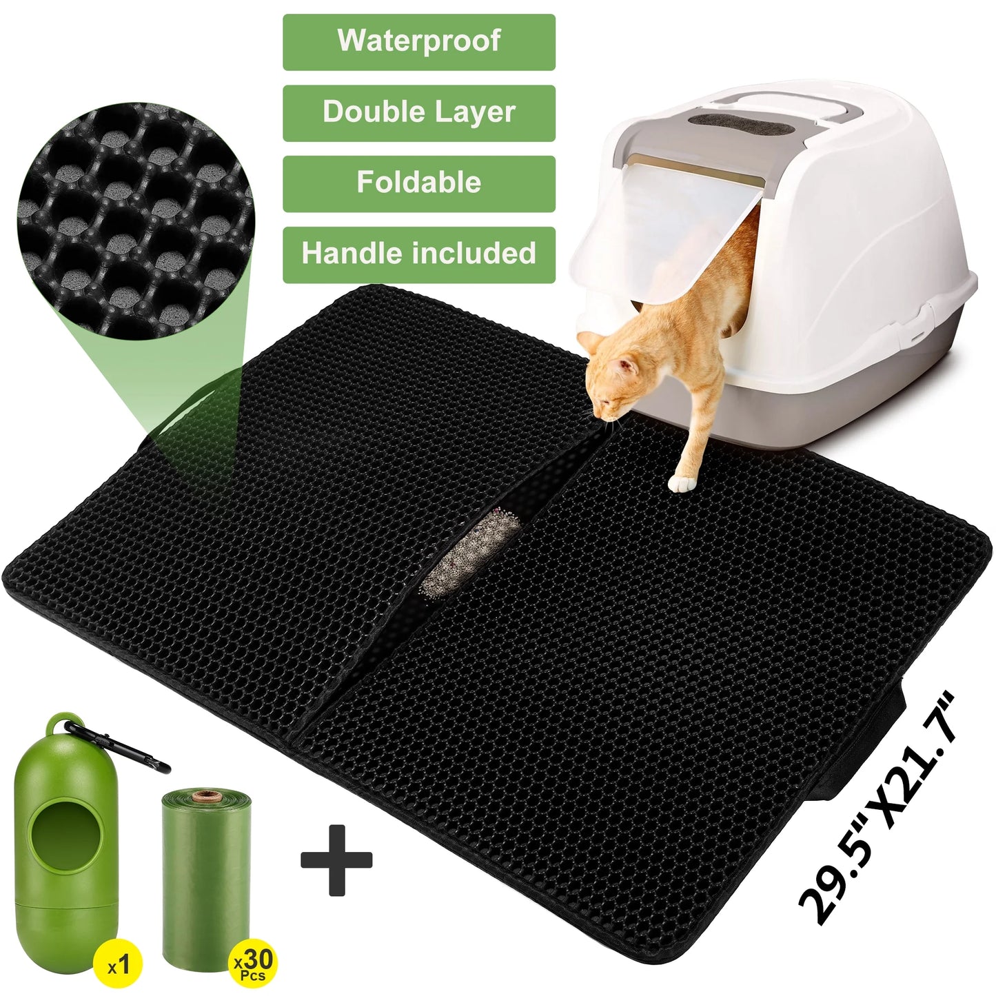 Famistar All-in-One 2-Layer 30*22IN Cat Litter Trapping Mat Handrails Attached Set with 2 Rolls of Litter Bags and 1 Litter Bag Dispenser, Extra Large Black