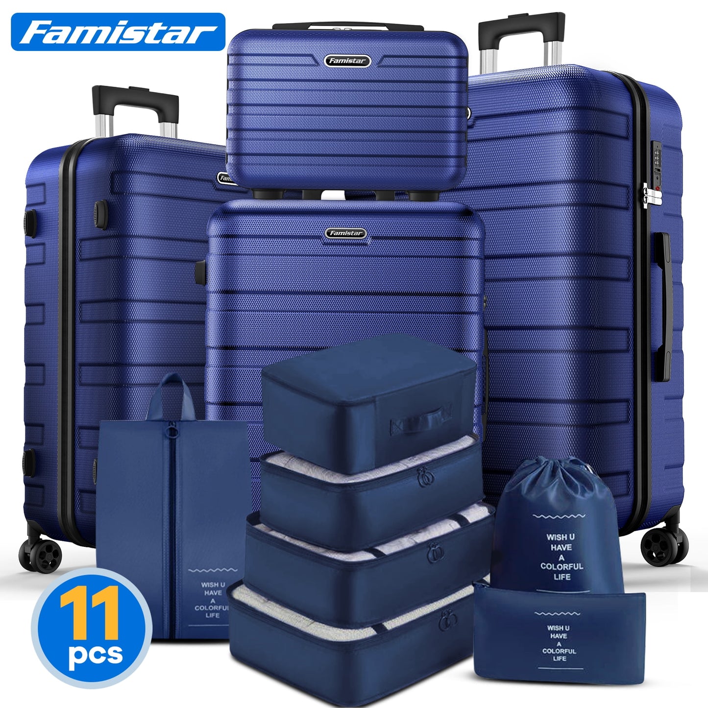 Famistar Luggage Sets 4 Piece (14/20/24/28)" Lightweight Hardside Spinner Checked Luggage Navy Blue