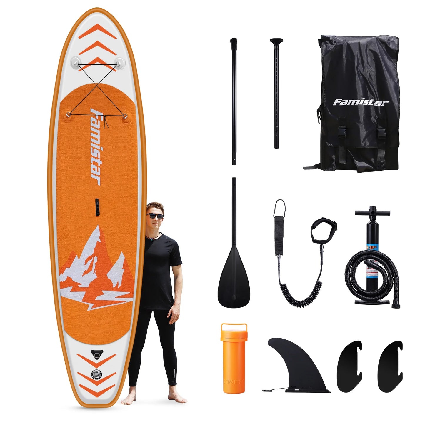 Famistar Inflatable Stand Up Paddle Board SUP w/ 3 Fins, Adjustable Paddle, Pump & Carrying Backpack