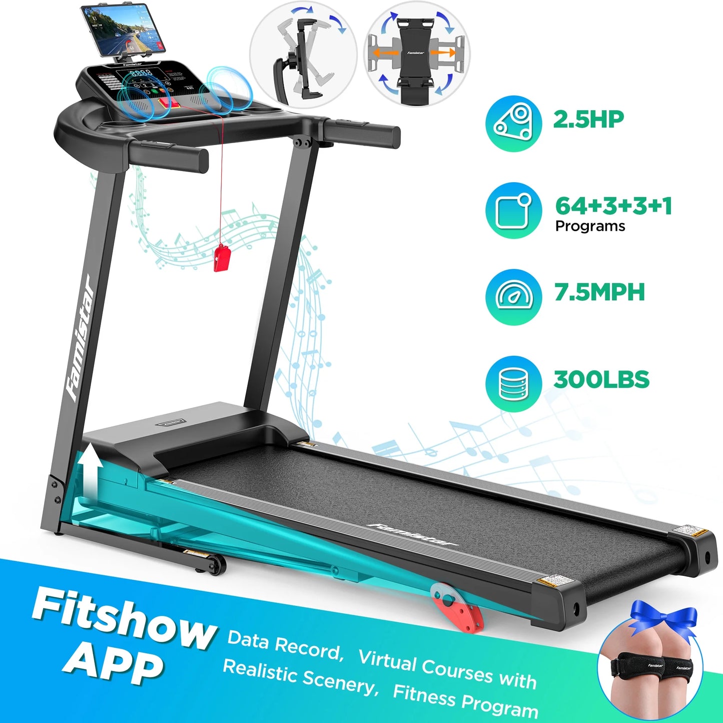 Portable Treadmill with 300lb Capacity, 2.5HP Motor, 7.5MPH Speed, Foldable Treadmill with 64 Workouts, FitShow App, Shock Absorption, Home Running Machine