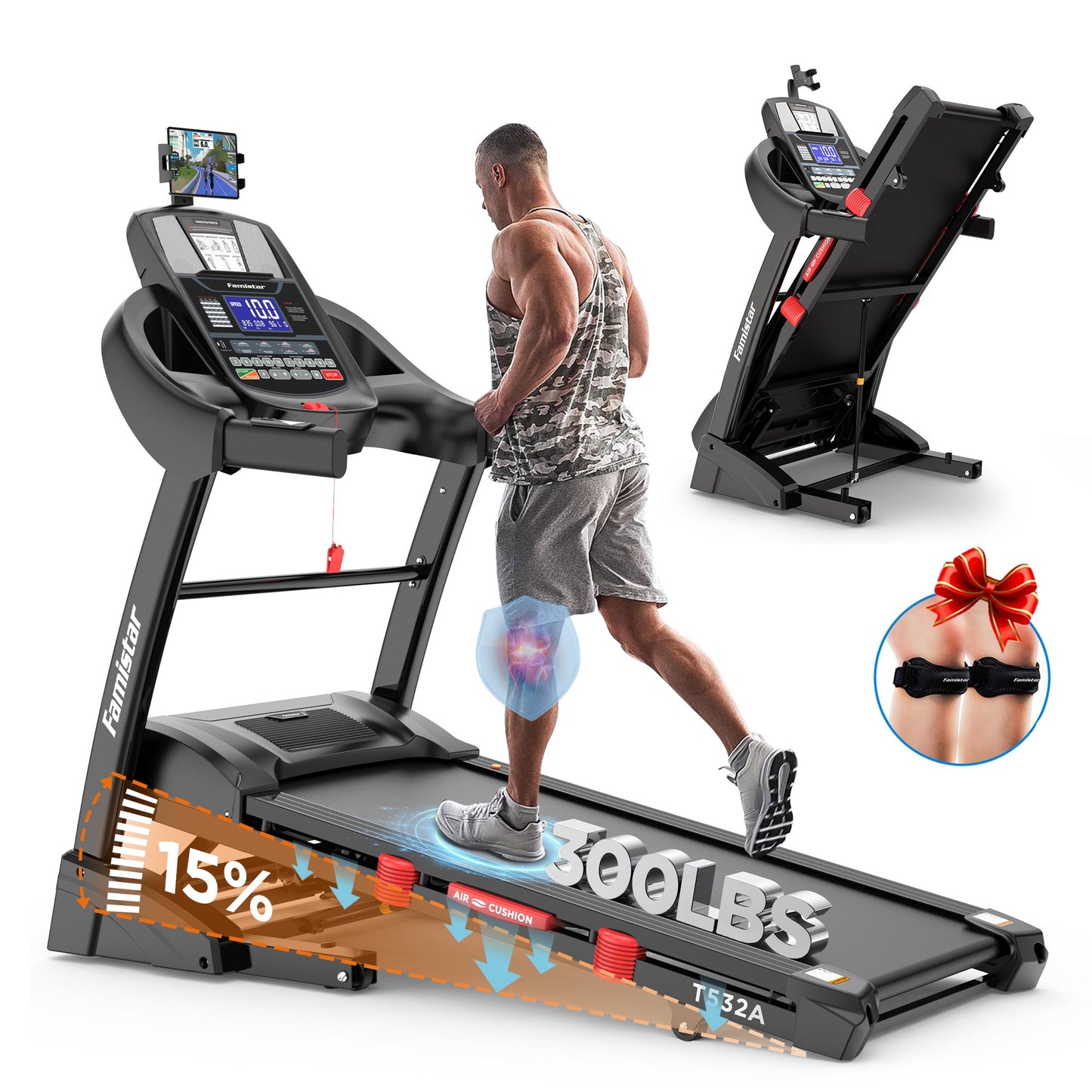 Treadmill, 4.5HP Treadmill with 15% Incline, 300lb Capacity, 10MPH Portable Treadmill with APP, Bluetooth, Shock Absorption Deck