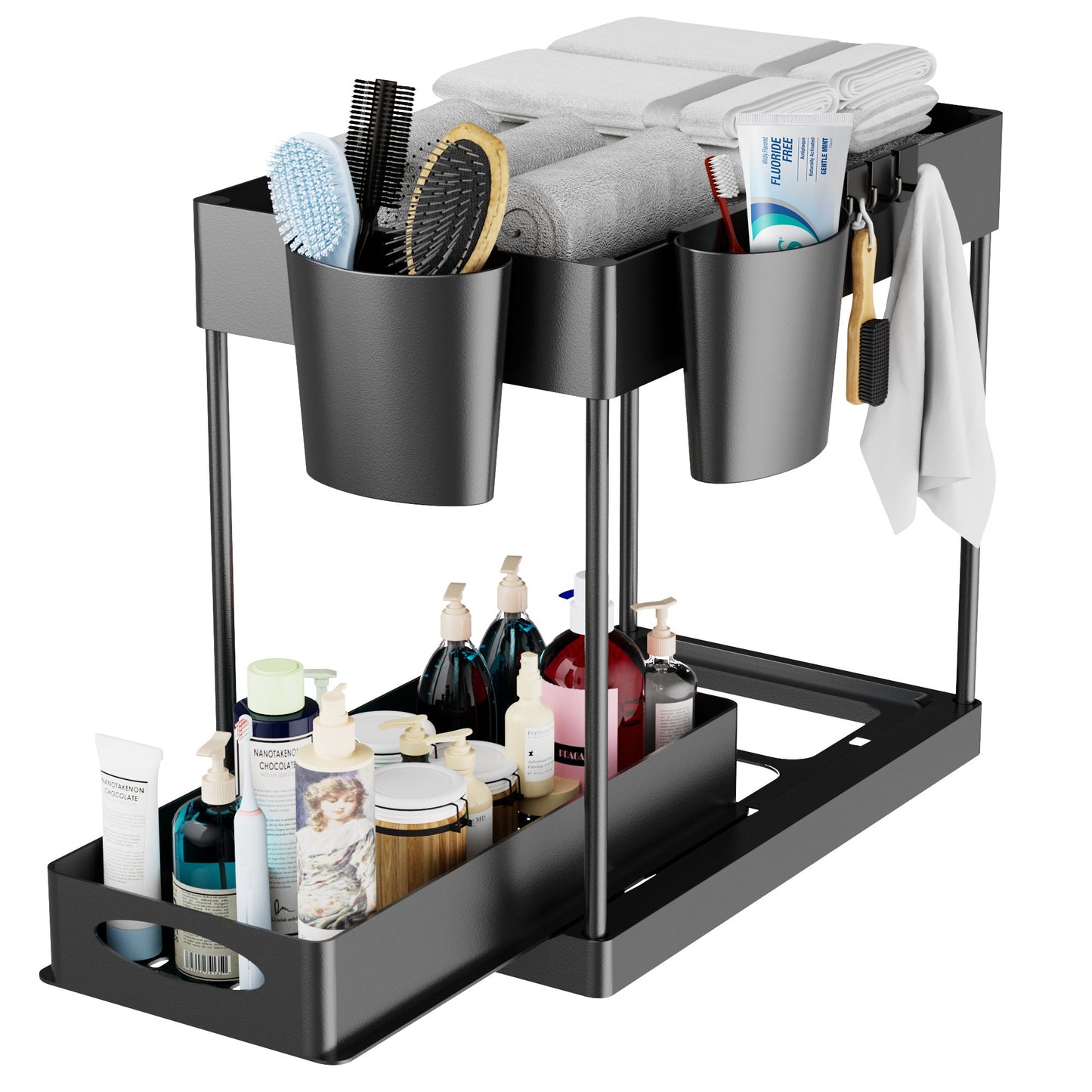 Under Sink Organizer, 2 Tier Sliding Cabinet Basket Organizer Drawer with 4 Hooks, 2 Hanging Cups, Basket Hollow Design, Multi-Purpose for Bathroom Kitchen Under Bathroom Sink Organizer - Black