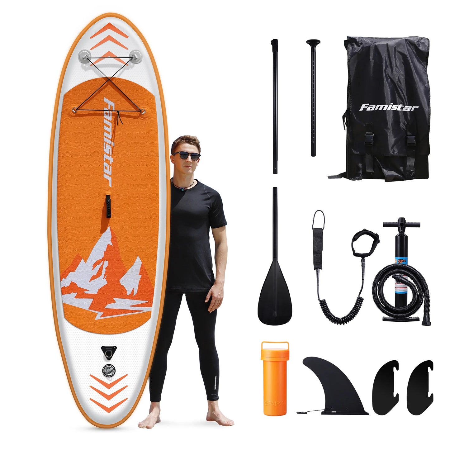 Famistar Inflatable Stand Up Paddle Board SUP w/ 3 Fins, Adjustable Paddle, Pump & Carrying Backpack