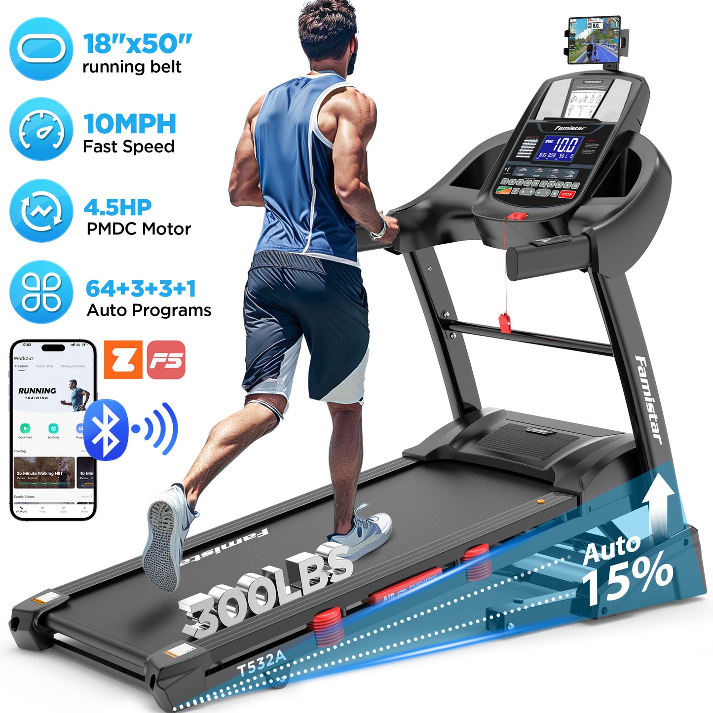 Portable Treadmill 300lbs Capacity, 4.5 HP Folding Treadmill for Home w/ 15% Auto Incline, 64+3+3+1 Programs, APP Control, Exercise Equipment with HiFi Speakers, Pulse Sensor, Adjustable iPad Holder